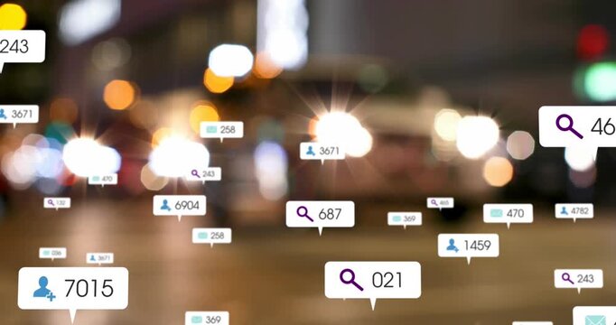 Animation of social media icons and numbers over out of focus city and traffic lights