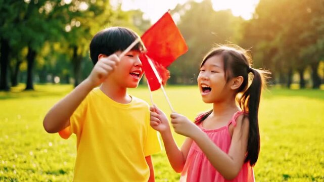 Joyful young asian brother and sister celebrating an outdoor festival or national holiday enthusiastically waving small bright red flags in the warm sunshine