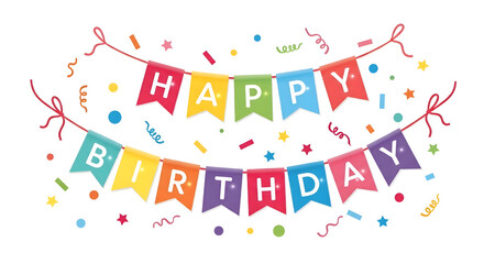 Colorful happy birthday banner with confetti and ribbons on white background for celebrations