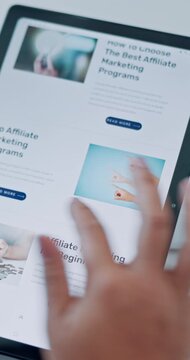 Hands, person and reading with tablet screen in office for marketing research with beginner guide. Employee, digital and comparison for affiliate program, online course and website with business tips