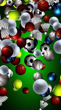 Dynamic 3D Render of Various Sports Balls Falling on Green Background