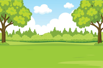 Fototapeta premium A bright cheerful landscape displays green trees grass and a clear blue sky