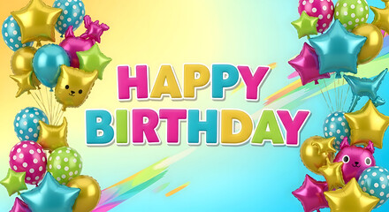 Obraz premium Colorful happy birthday celebration with balloons and stars on gradient background
