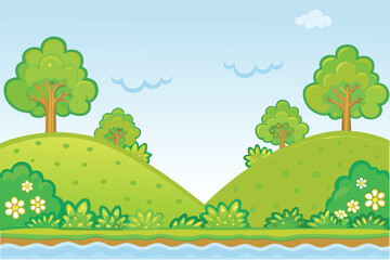 Naklejka premium A cheerful cartoon landscape features green hills trees a blue sky and clouds