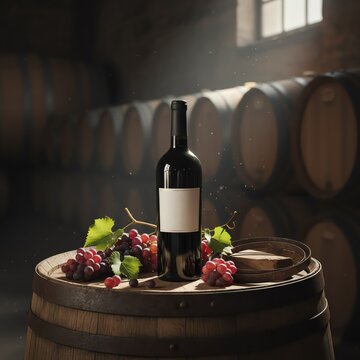 A bottle of red wine surrounded by grapes, set against a rustic vineyard background.