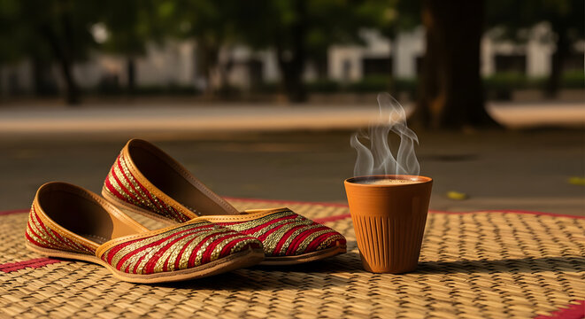 Traditional Indian Juttis footwear and steaming chai in a terrac