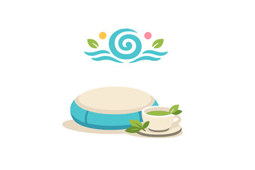 Naklejka premium Relaxing moment with a cup of tea and a round cushion by the water under a sunny sky in a quiet setting