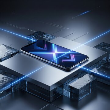 Futuristic smartphone with vibrant graphics on a sleek, modern surface.