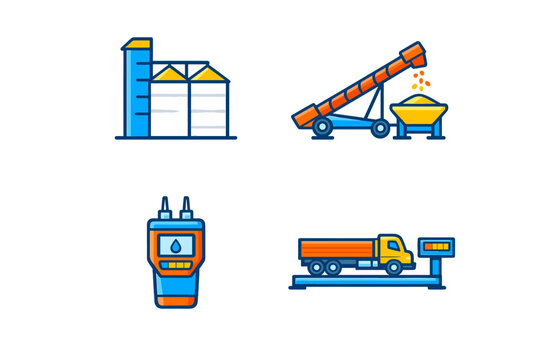 Complex of storage silos, conveyor equipment, measuring device, and truck scale seen in an industrial area during the daytime