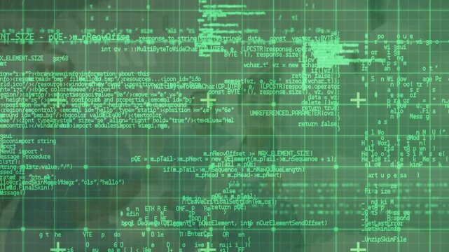 Animation of data processing on digital screen over diverse doctors in rush running in corridor