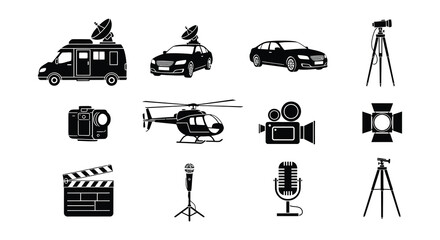 Black silhouettes of media equipment vehicles and a helicopter © MdNirob