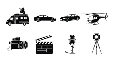 Black silhouettes of media equipment vehicles and a helicopter © MdNirob