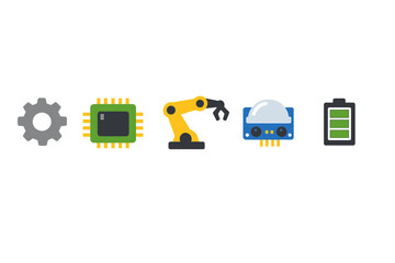 Icons of technology showing gear, microchip, robot arm, smart device, and battery charging in a simple layout during a tech conference presentation