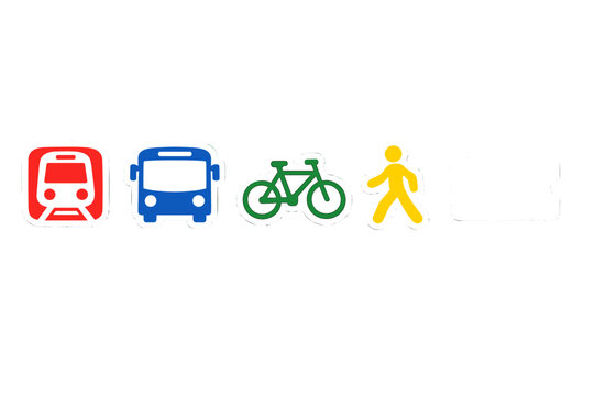 Signs showing different modes of transport including train, bus, bicycle, and pedestrian in a simple arrangement on a white background