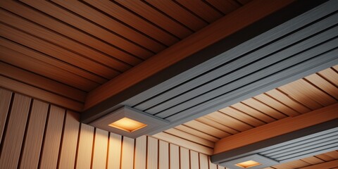 Obraz premium Modern wooden ceiling design with recessed lighting accents 