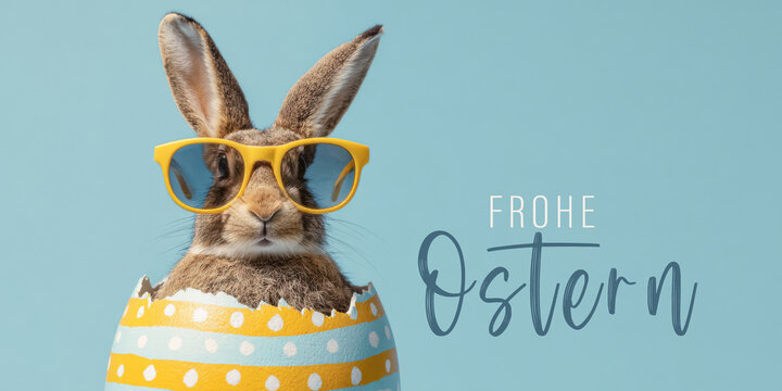 Frohe Ostern Konzept, lustiges Tier, Ferien Feiertag Gru&szlig;karte, Karte mit deutschem Text - Osterhase Hase Kaninchen mit Sonnenbrille in Osterei, isoliert auf blauem Hintergrund