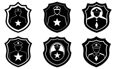 Fototapeta premium Set of black and white police badge icons featuring various officers and star emblems in a shield design