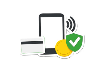 Mobile payment system with a smartphone, credit card, and security symbols showing digital transactions in a modern setting during the day