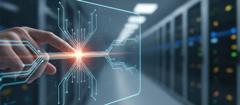 Smart hand touch ai screen to crunch data energy in secure server room
