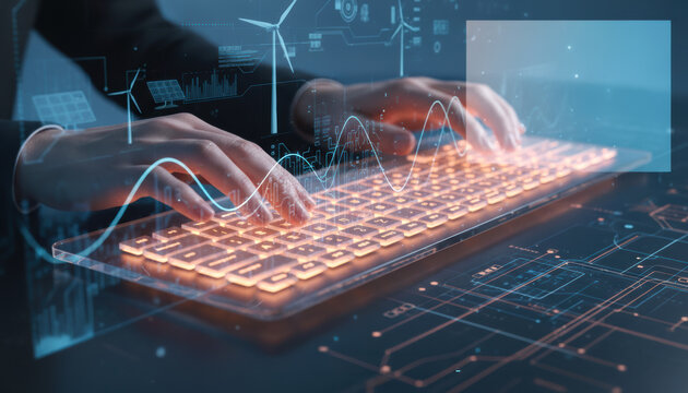 Focused hands crunch renewable energy data using futuristic ai tech