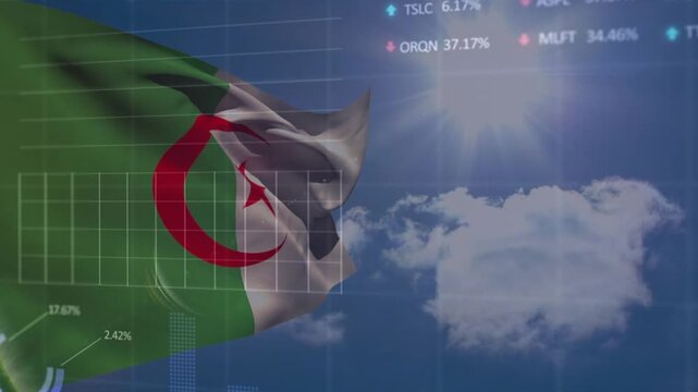 Animation of flag of algeria against skyscape with bright sun, trading board, graphs, charts
