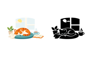 Two cats resting by a window with plants, a book, and cups of coffee on a sunny day in a comfortable indoor setting