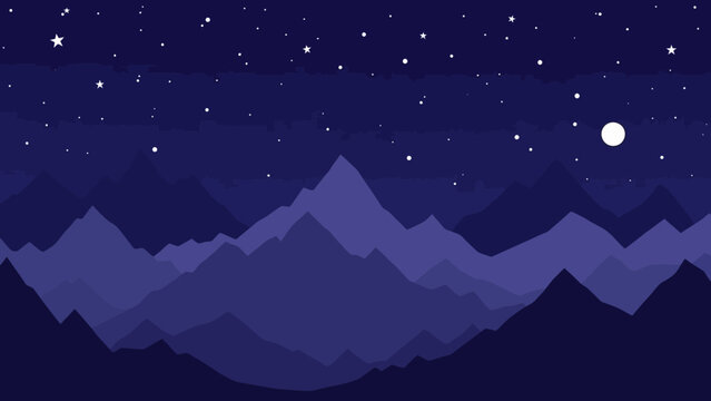 Serene Night Landscape Illustration of Layered Mountains Under a Starry Sky and Moon