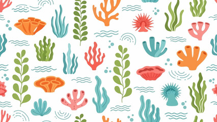 Vibrant Seamless Underwater Pattern of Colorful Sea Plants, Corals, and Anemones