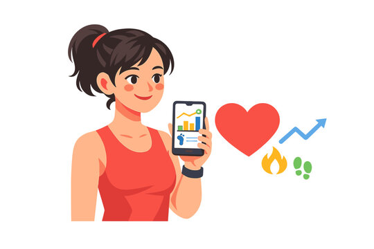 Woman checks fitness app on phone while tracking health data and progress in a gym or fitness setting at a bright time of day