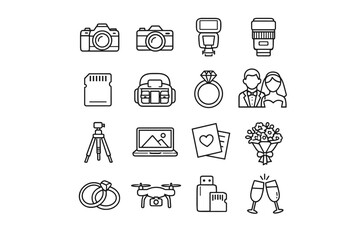 Fototapeta premium Collection of wedding photography icons including cameras, rings, and couple silhouettes