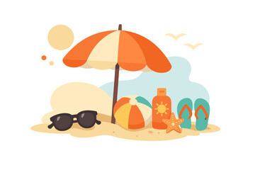 Naklejka premium Beach scene with an umbrella, a ball, sunglasses, flip flops, and a bottle on sand during sunny weather