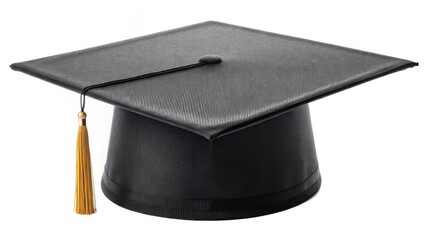 A black graduation cap with a gold tassel. The cap is made of textured fabric and has a flat top. It symbolizes academic achievement and celebration.