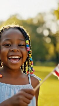 Joyful young african american girl with colorful beaded braids celebrating an american holiday outdoors in the bright sunshine