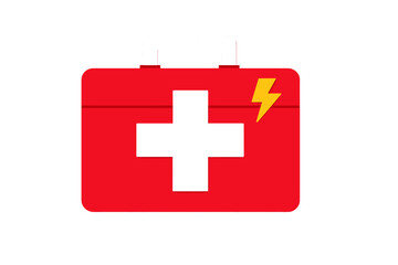 Fototapeta premium Red first aid kit with a white cross and lightning bolt symbol on the front with a simple design showing safety and care