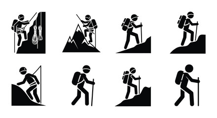 Pictograms depicting various stages of mountain climbing and hiking activities