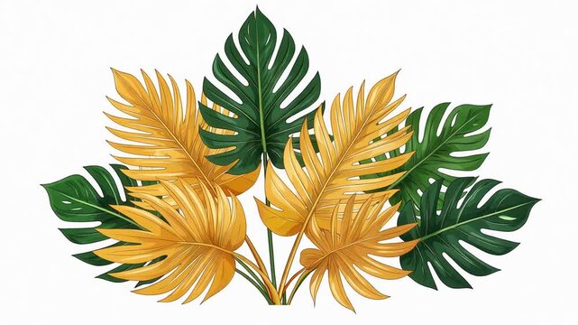 Elegant Tropical Leaves Animated Background Loop with Green and Golden Tones
