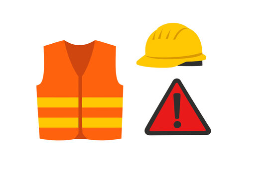 Construction safety gear includes a safety vest, hard hat, and warning sign for workers at a job site during the day