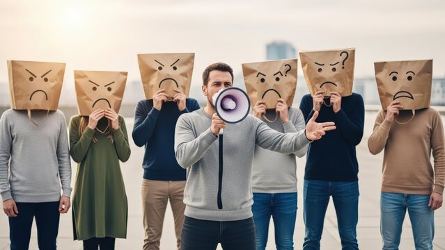 Concerned man with megaphone addresses an anonymous crowd wearing brown paper bags with angry, frustrated, and disappointed faces drawn on them, protesting