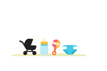 Fototapeta premium Baby items include stroller, bottle, rattle, and diaper on a light background during daytime