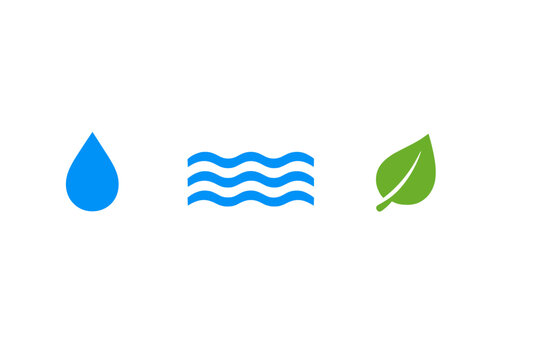 Symbols representing water, waves, and leaves are shown in a simple design to illustrate nature and its elements in a clear way with basic colors