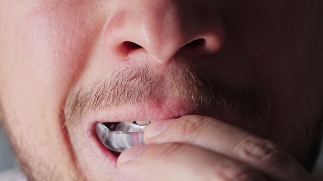 The man puts the mouth guard close up footage. Dental trainer for adults for the treatment of temporomandibular joint dysfunction, bruxism.