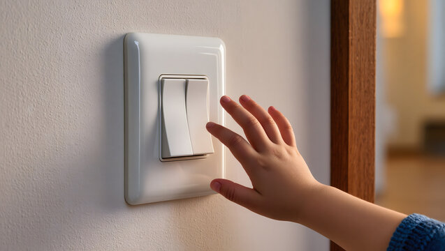 Child's Hand Reaching to Turn on Modern White Double Rocker Light Switch in Home Interior