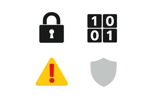Various symbols related to security including a padlock, binary code, warning sign, and shield displayed together in a simple layout