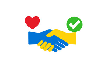 Obraz premium Hands shake with blue and yellow colors, a heart symbol, and a checkmark showing support and agreement, representing unity in a simple design