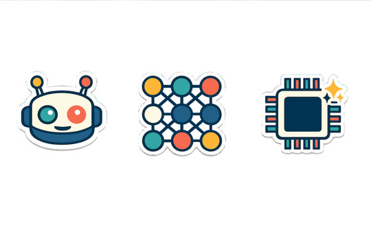 Cute robot character with colorful features stands next to a network graphic and a computer chip symbol in a simple setting