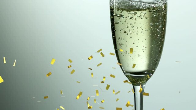 Animation of bursting confetti over champagne with air bubbles filled in glass on table