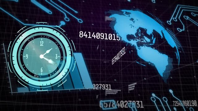 Animation of digital clock, number, graph, globe and circuit pattern against black background