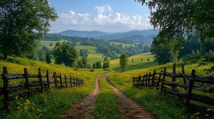 Fototapeta premium Winding Mountain Road Through Blooming Meadows