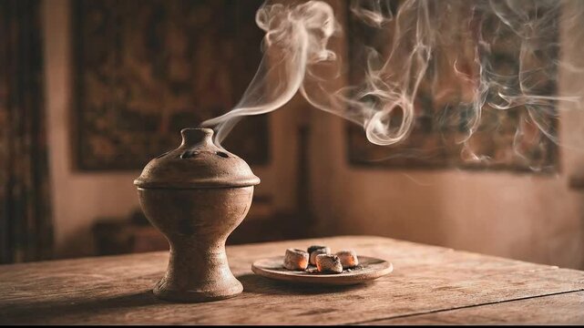 Ceramic Incense Burner Smoke Coals - Side Profile Wispy Motion Amber Ethereal Vertical