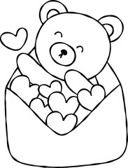 Obraz premium Lovely Teddy Bear in Heart Envelope Valentine Handdrawn Doodle.